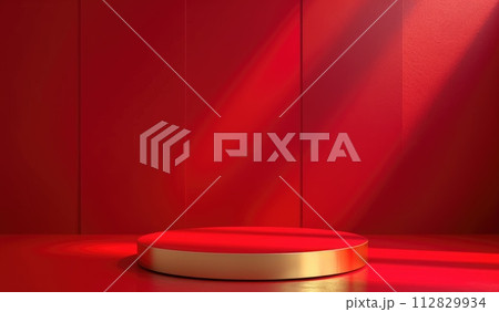 Versatile display: an empty podium, banner, and stand with ample copy space, offering a blank canvas for showcasing products, advertising, presentations, and versatile marketing opportunities. 112829934