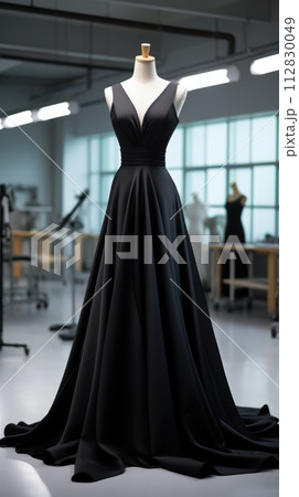 Elegance unveiled: a captivating display of a beautiful, luxurious evening gown gracefully adorning a mannequin, epitomizing timeless style and opulence for a glamorous and chic affair 112830049