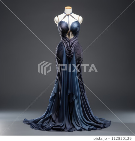 Elegance unveiled: a captivating display of a beautiful, luxurious evening gown gracefully adorning a mannequin, epitomizing timeless style and opulence for a glamorous and chic affair 112830129