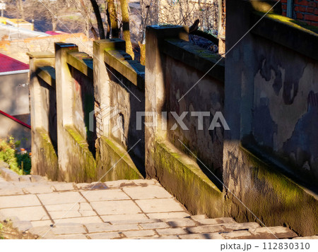 european downtown street with steps. travel and sightseeing concept 112830310