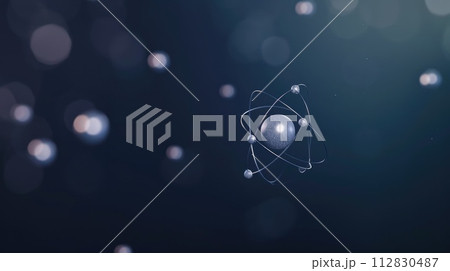 Atomic dance: subatomic realm, electrons, neutrons, and protons orbit a fixed nucleus in a model empty space within atoms, showcasing set, predictable paths in the intricate world of particle physics 112830487