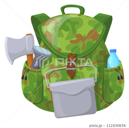 Camping travel backpack. Cartoon hiking trip equipment 112830656