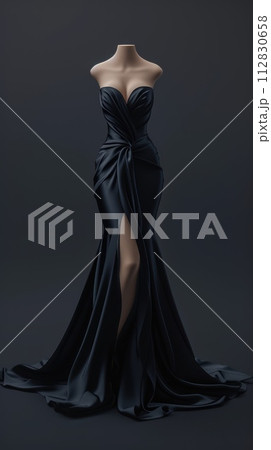Elegance unveiled: a captivating display of a beautiful, luxurious evening gown gracefully adorning a mannequin, epitomizing timeless style and opulence for a glamorous and chic affair 112830658