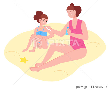 Mother apply sunscreen on kid. Sun protection on beach Mother apply sunscreen on kid. Sun protection on beach 112830703