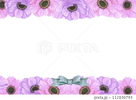 Hand drawn watercolor pink and purple anemone flowers frame border isolated on white background. Can be used for post card, poster and other printed products. Hand drawn watercolor pink and purple anemone flowers frame border isolated on white background. Can be used for post card, poster and other printed products. 112830793
