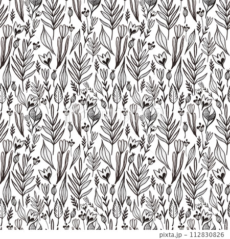 Hand drawn black pencil and marker leaves seamless pattern isolated on white background. Can be used for textile, fabric and other printed products. Hand drawn black pencil and marker leaves seamless pattern isolated on white background. Can be used for textile, fabric and other printed products. 112830826