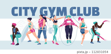 A group of different women doing exercises in the gym. Sport is a healthy lifestyle and gym advertising. Banner design. Vector flat illustration 112831054