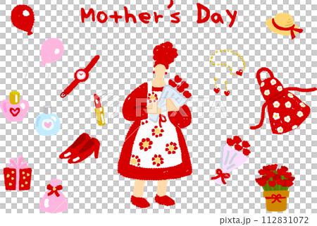 Hand-drawn illustration set of mothers holding carnation bouquets and various Mother's Day gifts 112831072