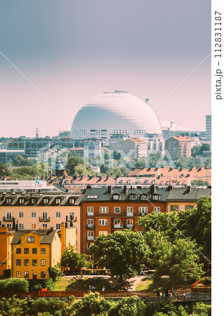 Stockholm, Sweden. Avicii Arena Ericsson Globe In Summer Skyline. It's Currently The Largest Hemispherical Building In The World, Used For Major Concerts, Sport Events 112831187