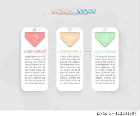 Infographics. 3 stages of development, marketing, workflow or plan. Business strategy with icons. Report and statistics diagram 112831207