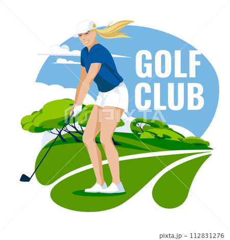 A female golfer makes a shot on a bright green golf course. Professional sports and hobbies. Championship and competition. Vector flat illustration 112831276