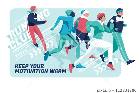 A group of people of different ages, races and weights, dressed in warm sports clothes, are running on an abstract background. Winter marathon, sports competitions, hobbies. Vector flat illustration A group of people of different ages, races and weights, dressed in warm sports clothes, are running on an abstract background. Winter marathon, sports competitions, hobbies. Vector flat illustration 112831286