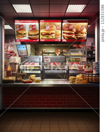 Counter service at hamburger fast food restaurant, Generative AI 112831386