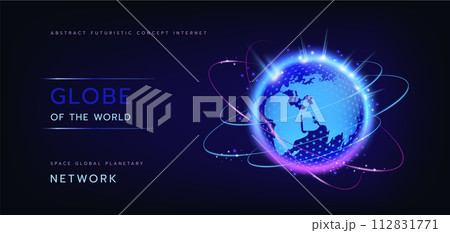 Globe world. Digit Earth. Map 3d connect. Network technology. Futuristic global communication. Neon blue glowing space planet. Future business internet connection. Data transfer. Vector background 112831771