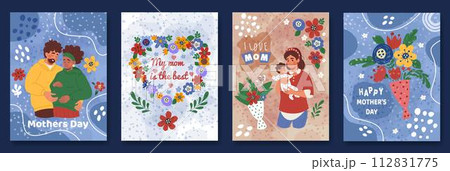 Mother day, flower card. Floral watercolor posters, happy birthday postcard. Background pattern design. Child baby with mom. Love nature plant. Woman and children vector tidy cartoon flat illustration 112831775