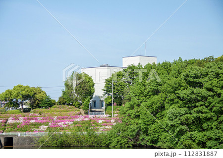 ツツジが咲く奥山田池から見た岡崎市総合学習センター 112831887