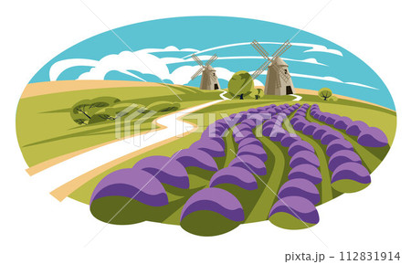 Lavender field with traditional old windmills. France. Traditional landscape of Provence. Summer flowering season. Vector flat illustration Lavender field with traditional old windmills. France. Traditional landscape of Provence. Summer flowering season. Vector flat illustration 112831914