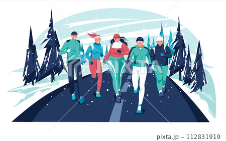 Marathon race group - flat cartoon modern vector illustration of running men and women in snow on winter country road. Running in the cold season. Creative landing page design template, web banner 112831919