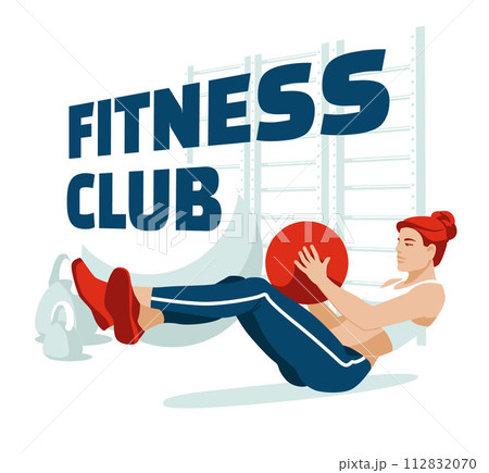 Young woman pumping abs in the gym. Sports competitions, hobbies and a healthy lifestyle. Vector flat illustration 112832070