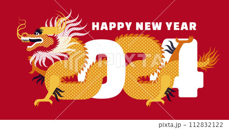 Chinese New Year 2024. Dragon. Monthly calendar. Red traditional postcard. Vector flat illustration Chinese New Year 2024. Dragon. Monthly calendar. Red traditional postcard. Vector flat illustration 112832122