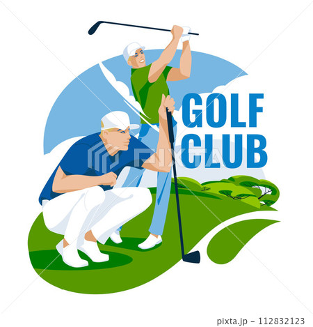 Golfers on the green. Sports competitions, hobbies and studies. Vector flat illustration Golfers on the green. Sports competitions, hobbies and studies. Vector flat illustration 112832123