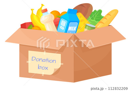 Donation box with food cartoon icon. Grocery charity Donation box with food cartoon icon. Grocery charity 112832209