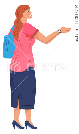 Happy woman with handbag outdoor. Pretty female character Happy woman with handbag outdoor. Pretty female character 112832214