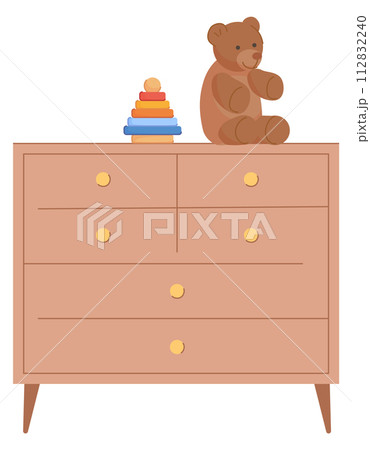 Drawer cabinet with kid toys. Nursery furniture icon 112832240