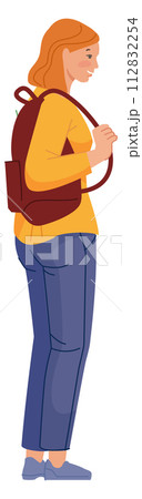 Young woman with backpack. Smiling female tourist character Young woman with backpack. Smiling female tourist character 112832254