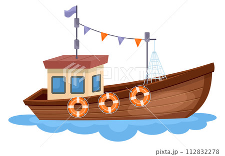 Cartoon trawler boat icon. River fishing ship 112832278
