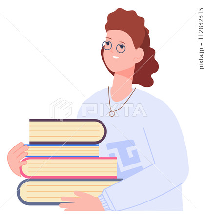 Woman with bookstack. Female character study and learn knowledge 112832315