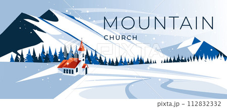 Catholic traditional church in the middle of a winter mountain valley. Snow meadow. Landscape of the cold Christmas season. Vector flat illustration Catholic traditional church in the middle of a winter mountain valley. Snow meadow. Landscape of the cold Christmas season. Vector flat illustration 112832332