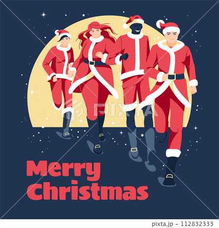 Santa Clauses are running a marathon. Different people dressed in Santa clothes. Vector flat illustration. Sports, healthy lifestyle 112832333