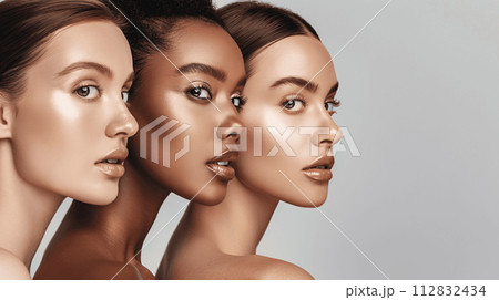 Multicultural Glam Models with Flawless Skin, Profile View, Isolated on White Background 112832434