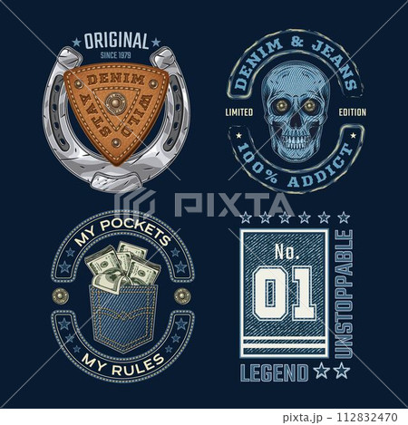 Denim theme labels with skull, horseshoe, money, text, jeans fabric texture. Detailed composition in vintage style on dark background. For clothing, t shirt, surface design. 112832470