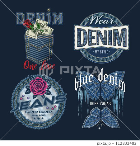 Denim theme labels with rose flower, butterfly, money, text, jeans fabric texture. Detailed composition in vintage style on dark background. For clothing, t shirt, surface design. 112832482