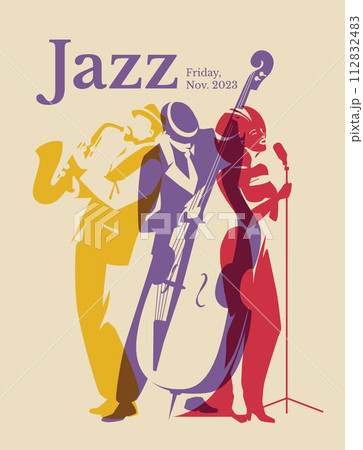 Colorful figures silhouettes. A group of three jazz musicians. Singer, saxophone, double bass. Concert, music club, entertainment poster. Vector flat illustration Colorful figures silhouettes. A group of three jazz musicians. Singer, saxophone, double bass. Concert, music club, entertainment poster. Vector flat illustration 112832483
