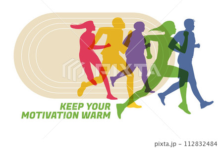 Different color shapes of runners and joggers. Advertisement of competitions, sports clubs, maraphone, healthy lifestyle. Vector flat illustration Different color shapes of runners and joggers. Advertisement of competitions, sports clubs, maraphone, healthy lifestyle. Vector flat illustration 112832484