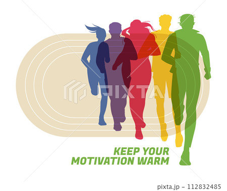 Different color shapes of runners and joggers. Advertisement of competitions, sports clubs, maraphone, healthy lifestyle. Vector flat illustration 112832485