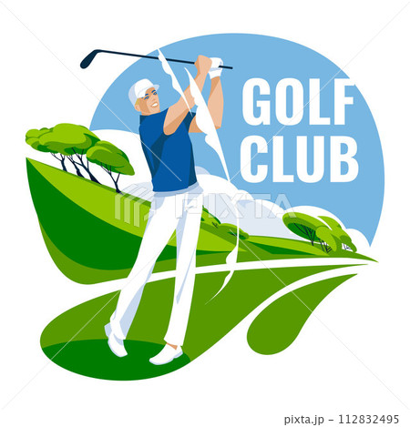 A golfer in a sports uniform is practicing on a green grass field. Advertisement of matches, competitions, sports clubs. Vector flat illustration 112832495