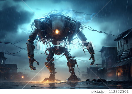 Mechanical robot in future world war. By generative Ai 112832501