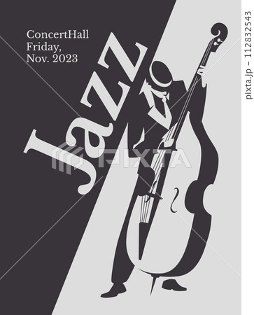 jazz cellist black and white poster. Advertisement of a postcard of a musical event. Vector flat illustration 112832543