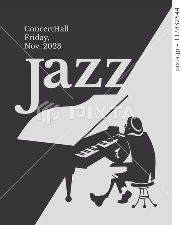 azz pianist black and white poster. Advertisement of a postcard of a musical event. Vector flat illustration azz pianist black and white poster. Advertisement of a postcard of a musical event. Vector flat illustration 112832544