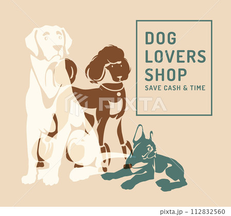 dog breeds Poodle, Labrador, French Bulldog. Risograph effect. Vector flat illustration 112832560