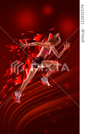 Dynamic image of completive young woman, running athlete in motion against red background with polygonal and fluid neon elements. 112832579