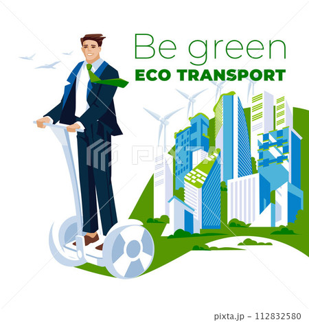 Businessman dressed in suit using air wheel. The concept of ecological transport and environmental protection. Green city behind. Vector flat illustration Businessman dressed in suit using air wheel. The concept of ecological transport and environmental protection. Green city behind. Vector flat illustration 112832580
