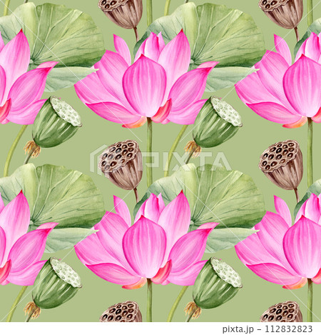 watercolor seamless pattern of pink lotus flower, buds and leaves, hand drawn illustration of spa and yoga theme, sketch of purple water lily, Asian tropical flower on pastel green background watercolor seamless pattern of pink lotus flower, buds and leaves, hand drawn illustration of spa and yoga theme, sketch of purple water lily, Asian tropical flower on pastel green background 112832823