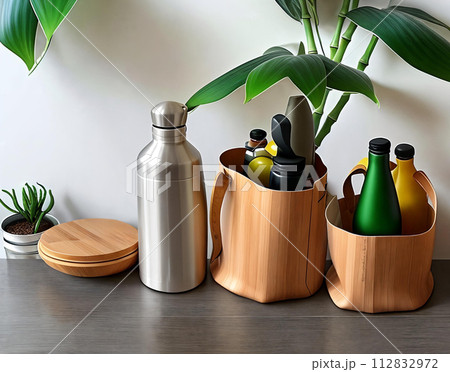 Sustainable Living. Showcase a sustainable lifestyle with a composition of reusable eco-friendly products 112832972
