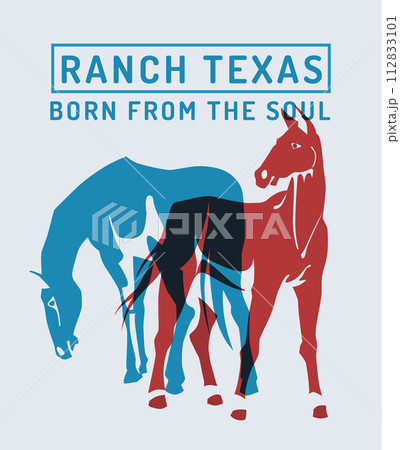 red and blue horses. Risograph effect. Ranch, breeding and farm emblem. Vector flat illustration 112833101