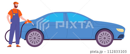 Gas station worker refuel car with pump gun 112833103